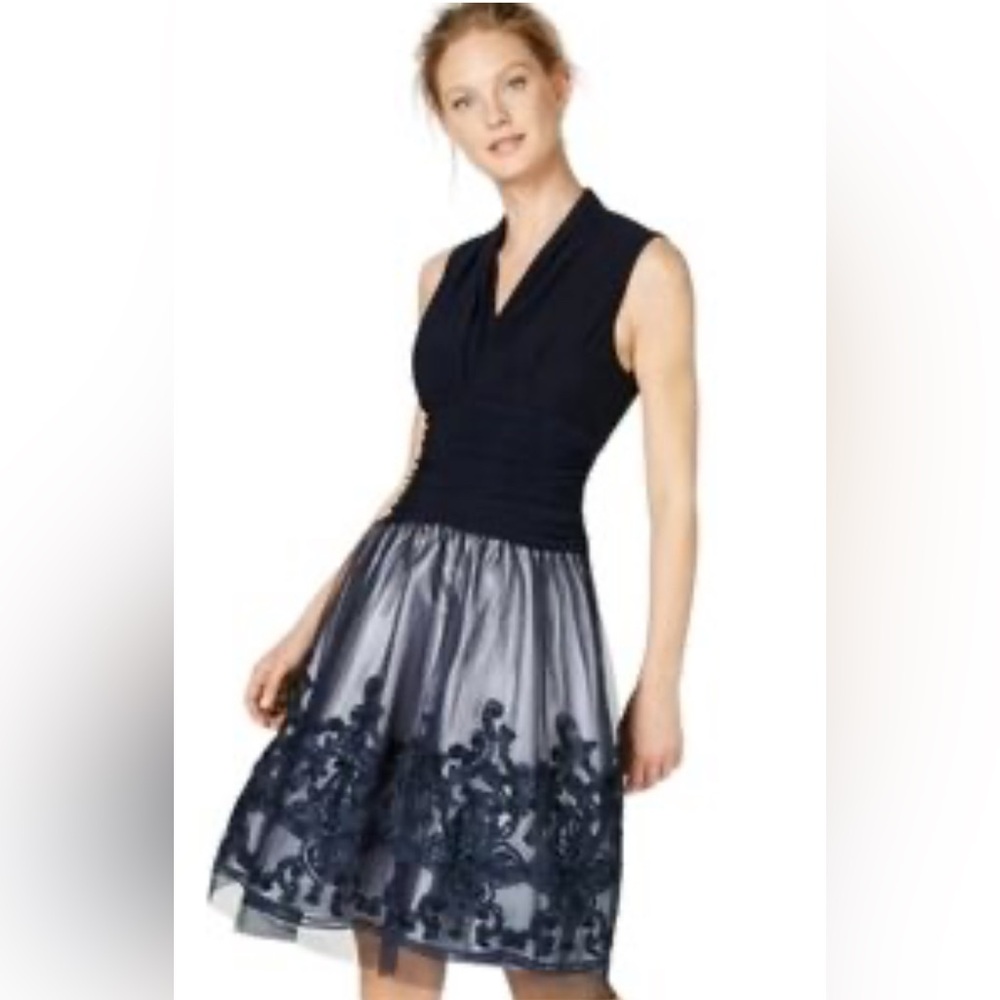 SLNY Midnight Blue and Silver Lace Midi Dress